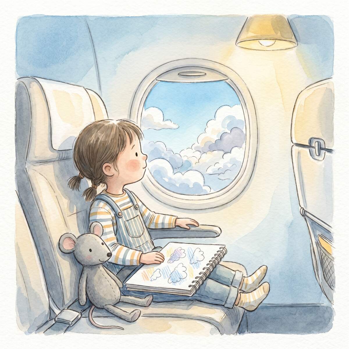 Ronja zwischen den Wolken 1 Mädchen Ronja malt Wolken am Flugzeugfenster