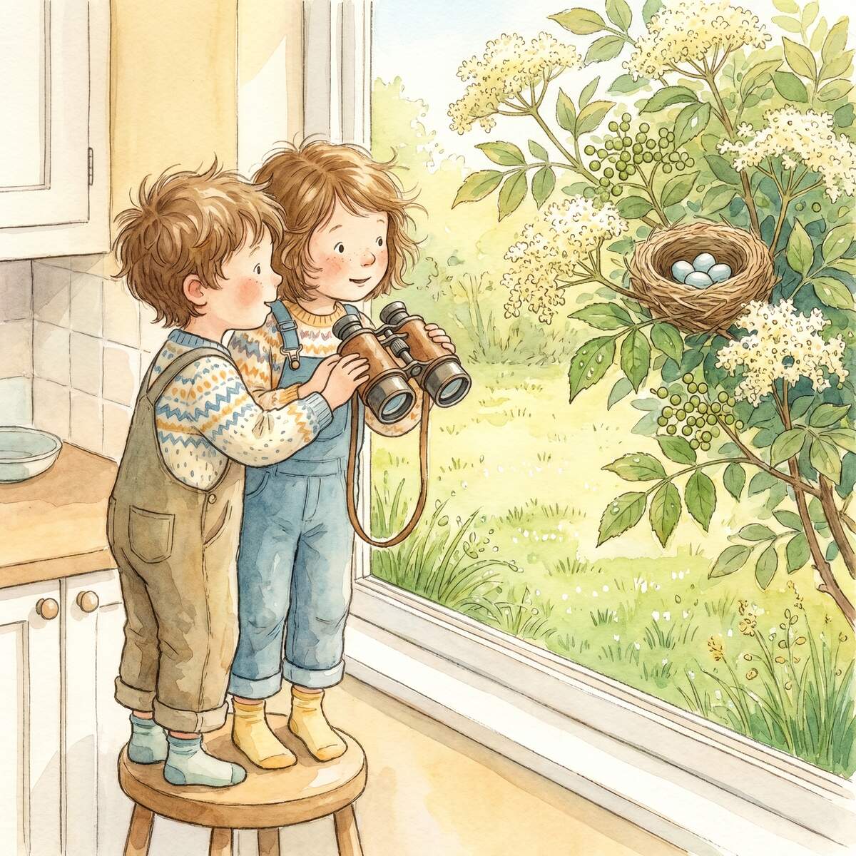 Bo, Lotti und das Pfingstnest 1 Geschwister Bo und Lotti beobachten ein Vogelnest mit Fernglas vom Küchenfenster