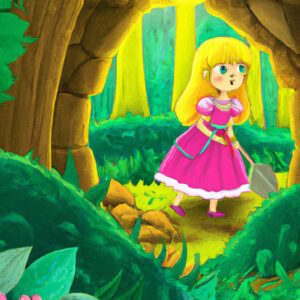 Prinzessin Emilia steht im Wald vor einer dunkeln Höhle. Sie ist blond und hat grüne Augen. Emilia hat ein pinkfarbenes Kleid an.