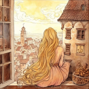 Ein Mädchen sitzt am Fenster mit langen goldenem Haar