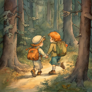 Ein Junge und ein Mädchen alleine im Wald