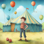 Ein Junge steht vor einem Zirkuszelt auf einer grünen Wiese.