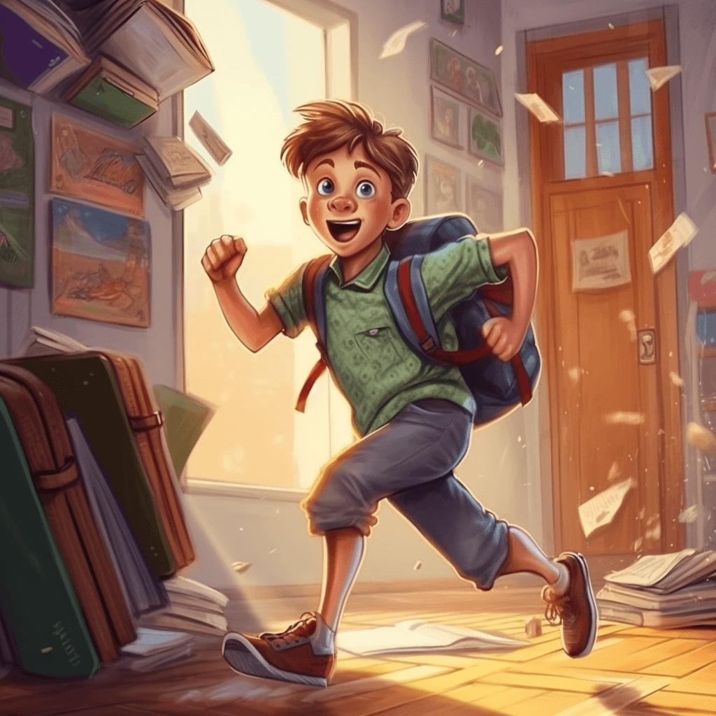 Ben läuft zur Schule an seinem ersten Schultag
