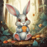 Ein kleiner Hase isst Süßigkeiten im Wald.
