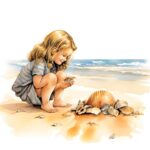 Ein Mädchen findet eine Muschel am Strand.