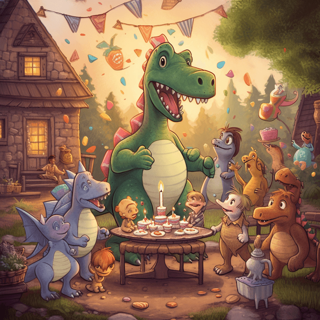Ein Dino feiert Geburtstag und pustet alle Kerze aus.