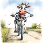 eine Kuh auf dem Fahrrad