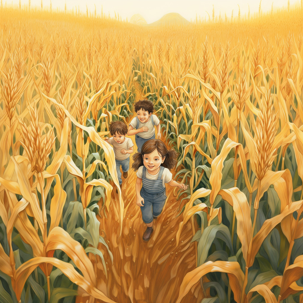 Zwei Jungen und ein Mädchen im Maislabyrinth