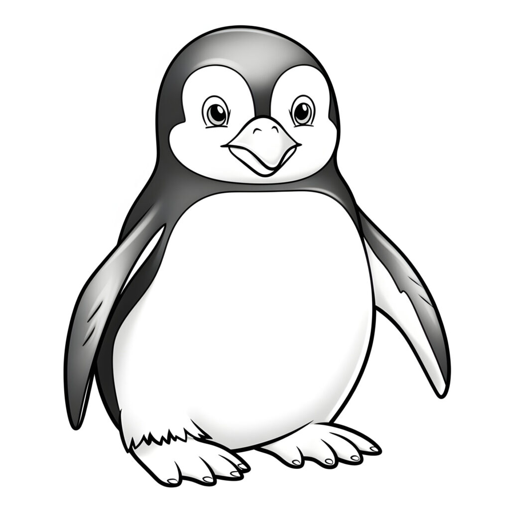 Ein sehr einfacher Cartoon-Pinguin in einer Naturlandschaft.