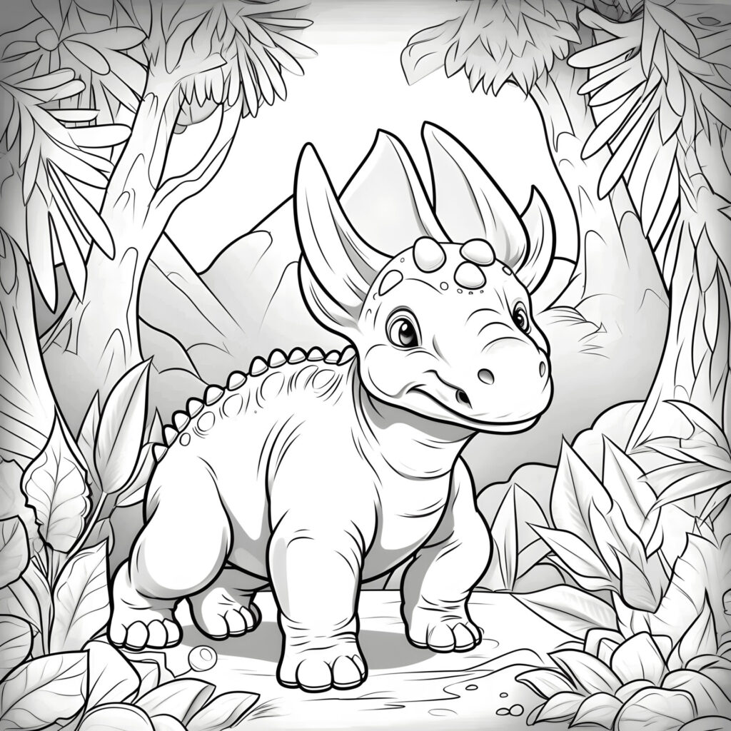 Ein einfacher Cartoon-Triceratops in einem Dschungel.