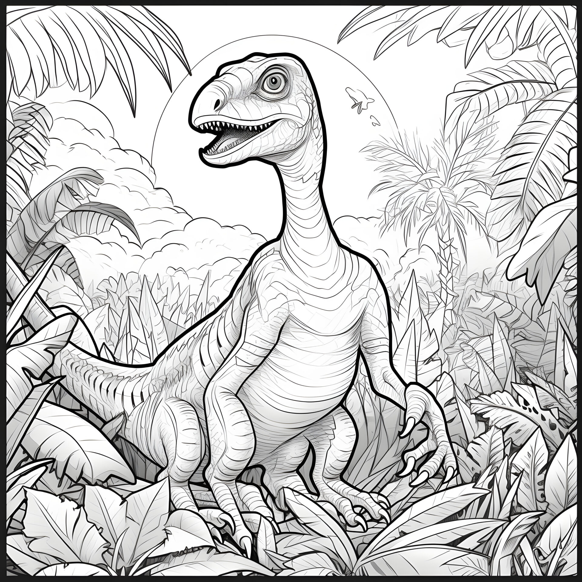 Ein einfacher Cartoon-Velociraptor in einem Dschungel