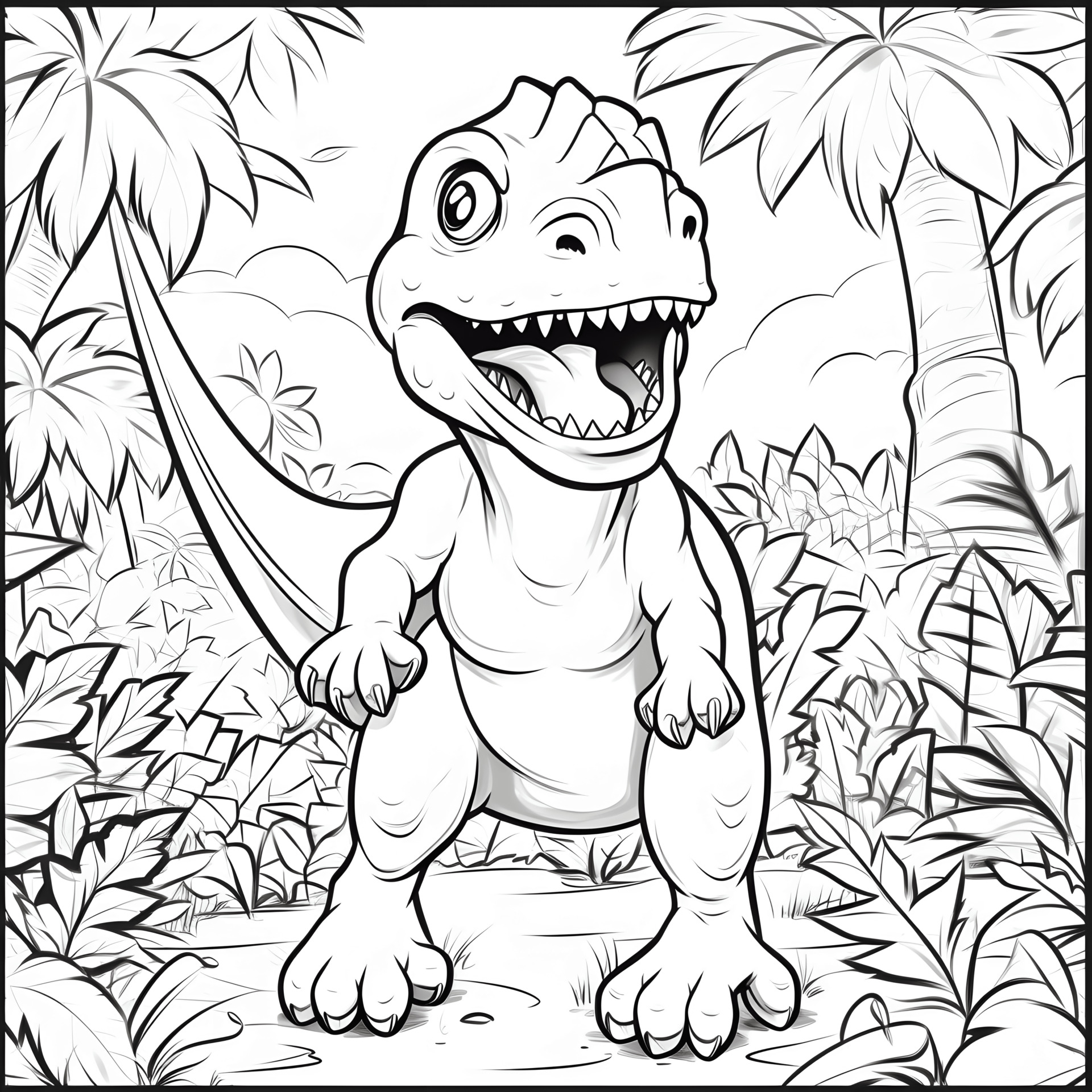 Ein einfacher Cartoon-T-Rex in einem Dschungel