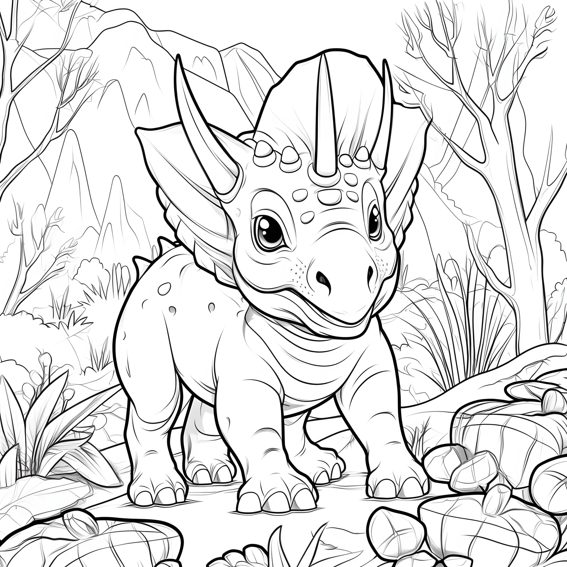Ein Cartoon-Triceratops in einem Dschungel