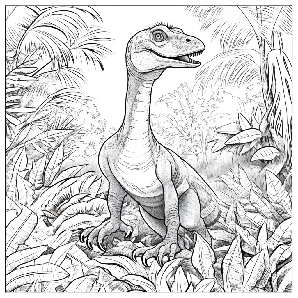 Ein einfacher Cartoon-Velociraptor in einem Dschungel.
