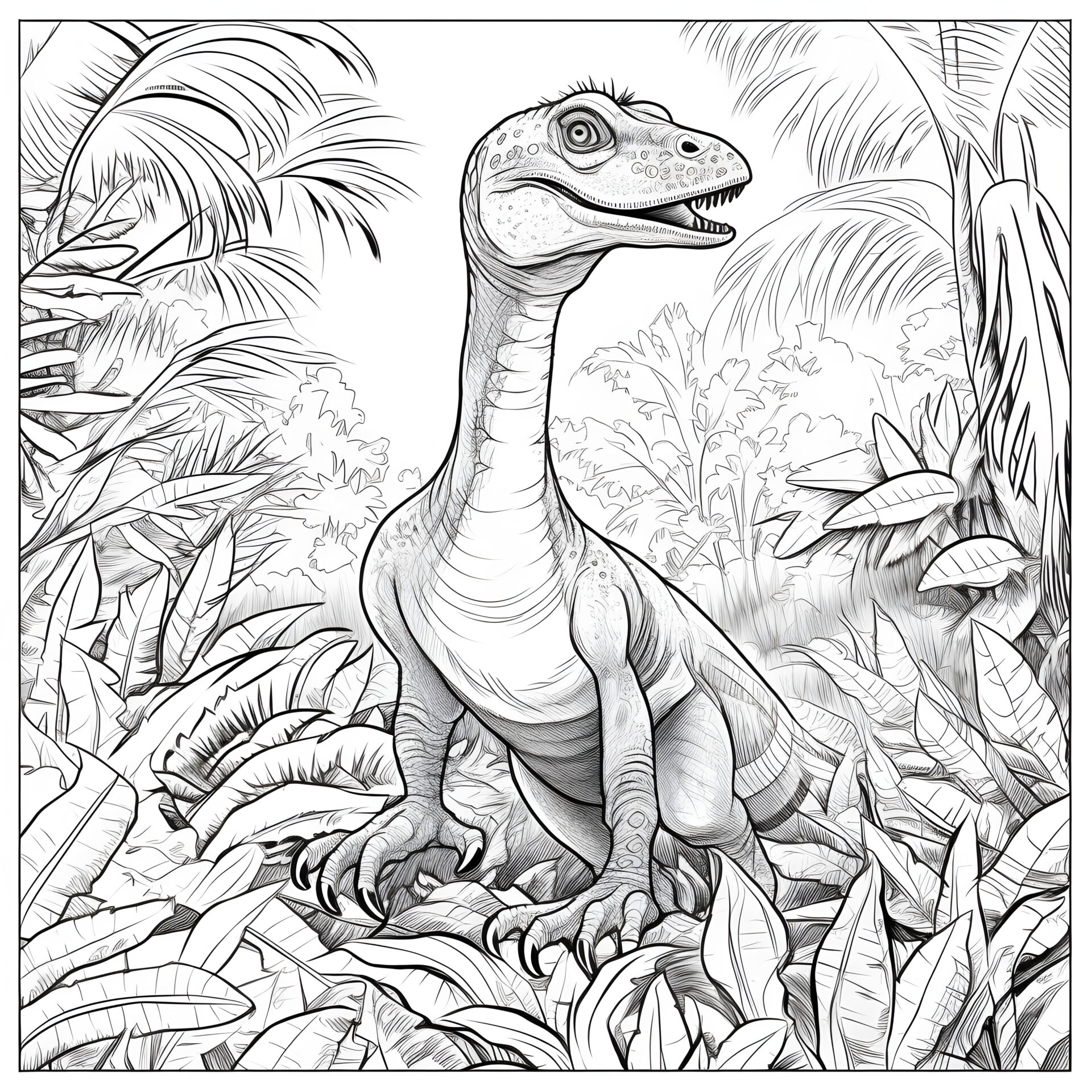 Ein Cartoon-Velociraptor in einem Dschungel