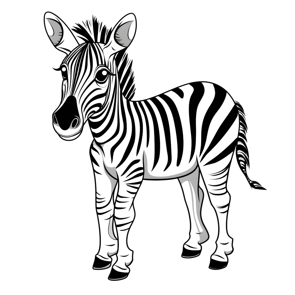 Schwarz-weißes Cartoon-Zebra in einer Zeichnung für Kinder