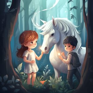 Ein Mädchen und ein Junge helfen einem Einhorn im Zauberwald