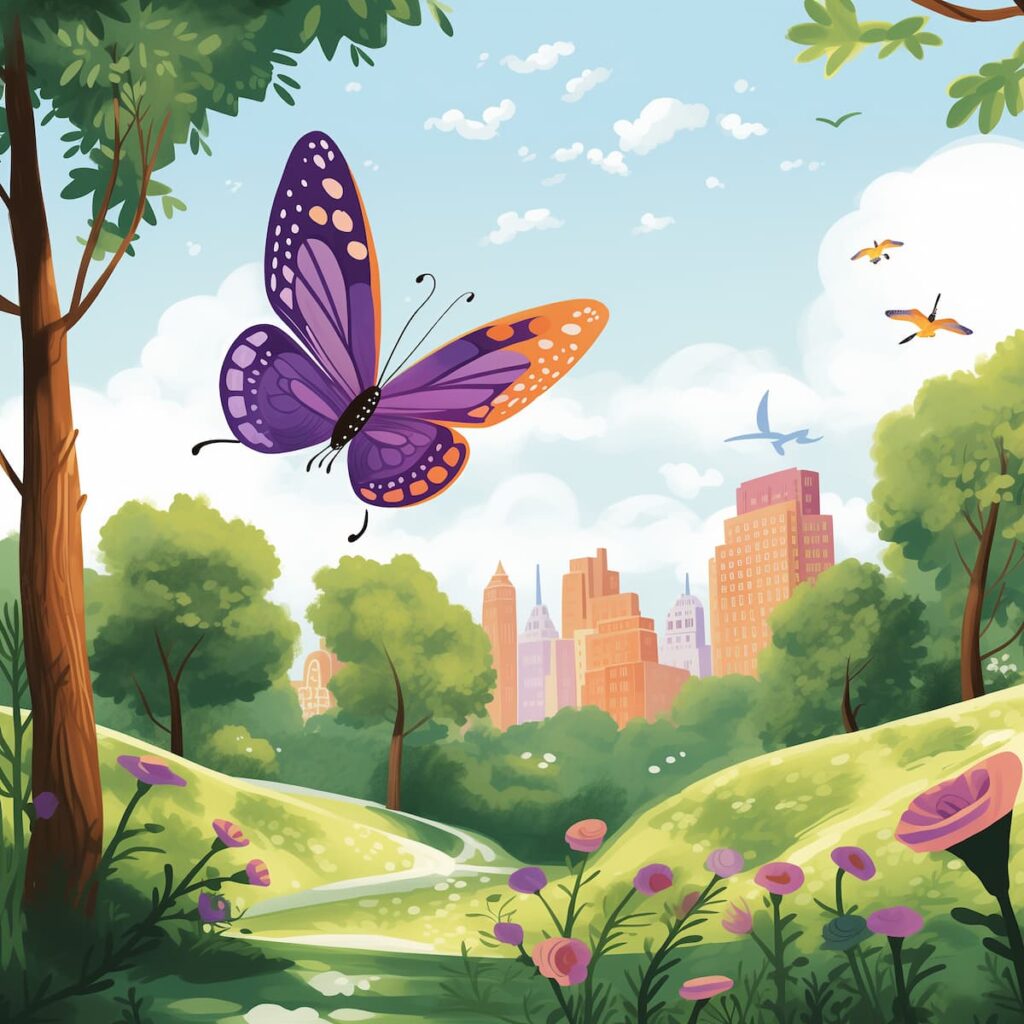 Ein lila Schmetterling fliegt durch den Park