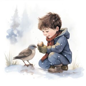 Ein Junge hilft einem Vogel im Winter