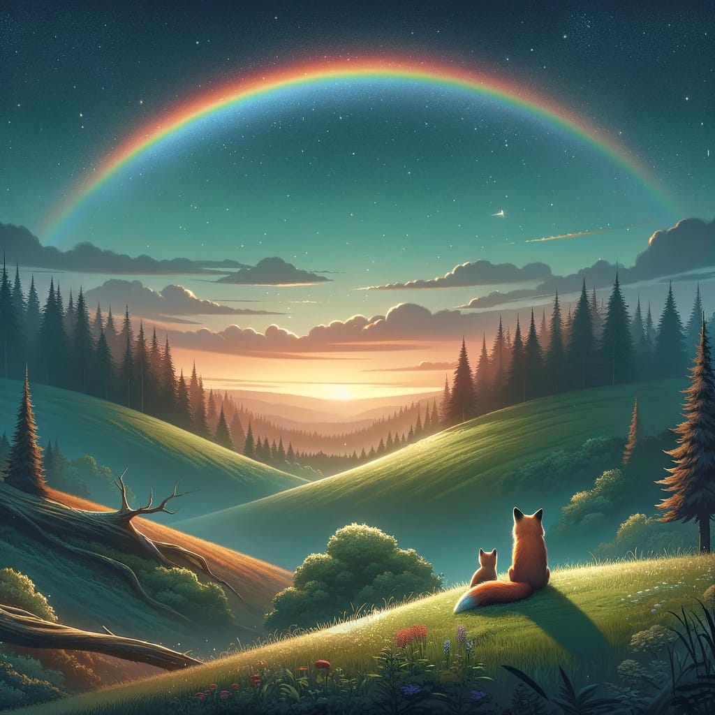 Zwei Füchse vor einem Regenbogen