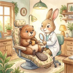 Biber Benny sitzt nervös auf dem Zahnarztstu hl, der freundliche Hasen-Zahnarzt untersucht seine Zähne
