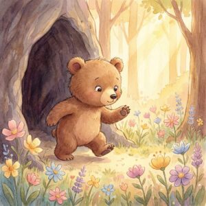 Junger Bär tritt vorsichtig aus einer Höhle in eine blühende Frühlingswiese