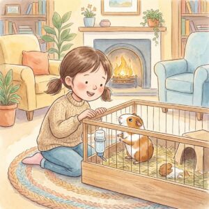 Mädchen singt für ein Meerschweinchen in seinem gemütlichen Käfig