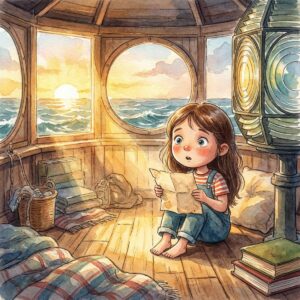 Mädchen Mia sitzt in der Laternenstube des alten Leuchtturms und liest einen alten Brief, das Meer leuchtet golden im Sonnenuntergang