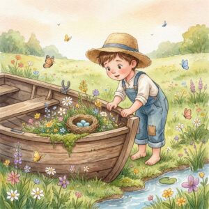 Junge entdeckt ein Vogelnest mit Eiern in einem alten Holzboot auf einer Wiese