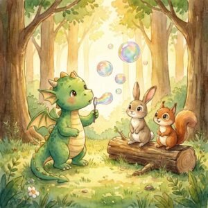 Drache Faro pustet bunte Seifenblasen auf einer Waldlichtung, Hase und Eichhörnchen schauen staunend zu