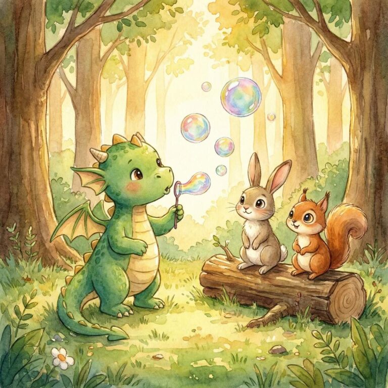 Drache Faro pustet bunte Seifenblasen auf einer Waldlichtung, Hase und Eichhörnchen schauen staunend zu