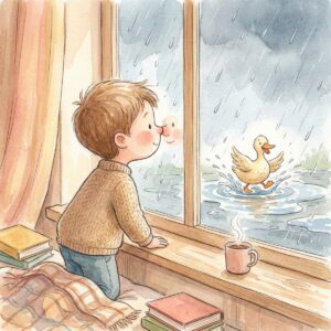 Junge drückt seine Nase an eine Fensterscheibe und schaut einem Entchen im Regen zu