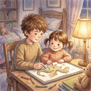 Leon und seine kleine Schwester Emma sitzen gemeinsam am Tisch und zeichnen einen Drachen, warmes Lampenlicht, geborgene Stimmung