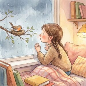 Mädchen schaut durch regennasses Fenster auf einen Vogel, der ein Nest baut