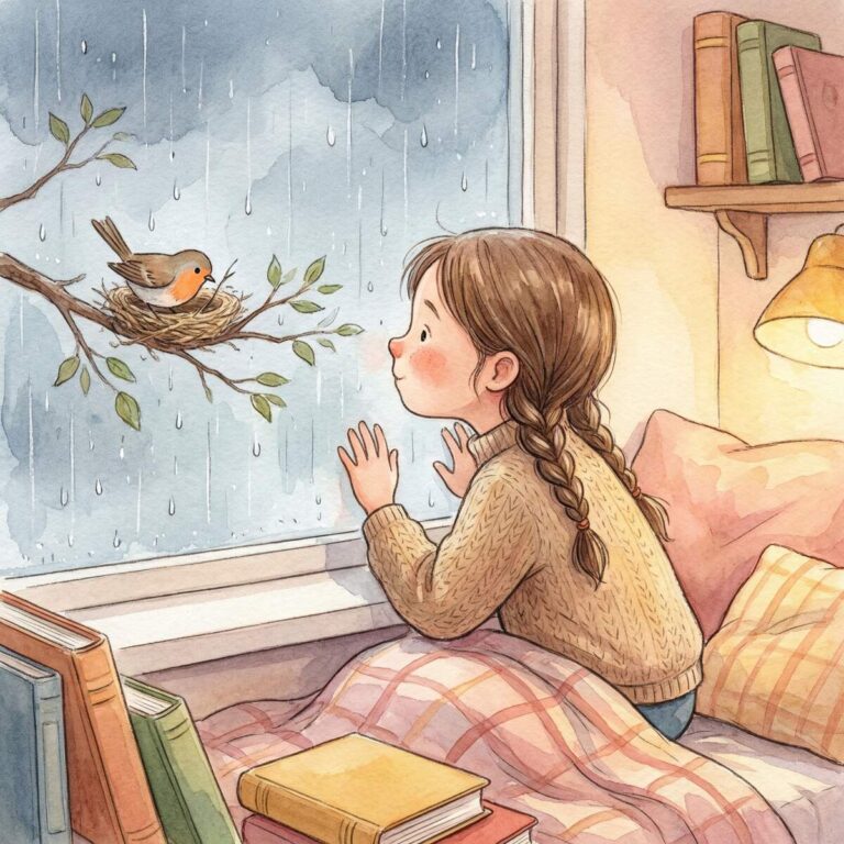 Mädchen schaut durch regennasses Fenster auf einen Vogel, der ein Nest baut