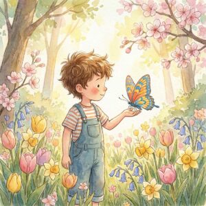 Junge streckt die Hand aus und ein bunter Schmetterling landet darauf im Frühlingssgarten