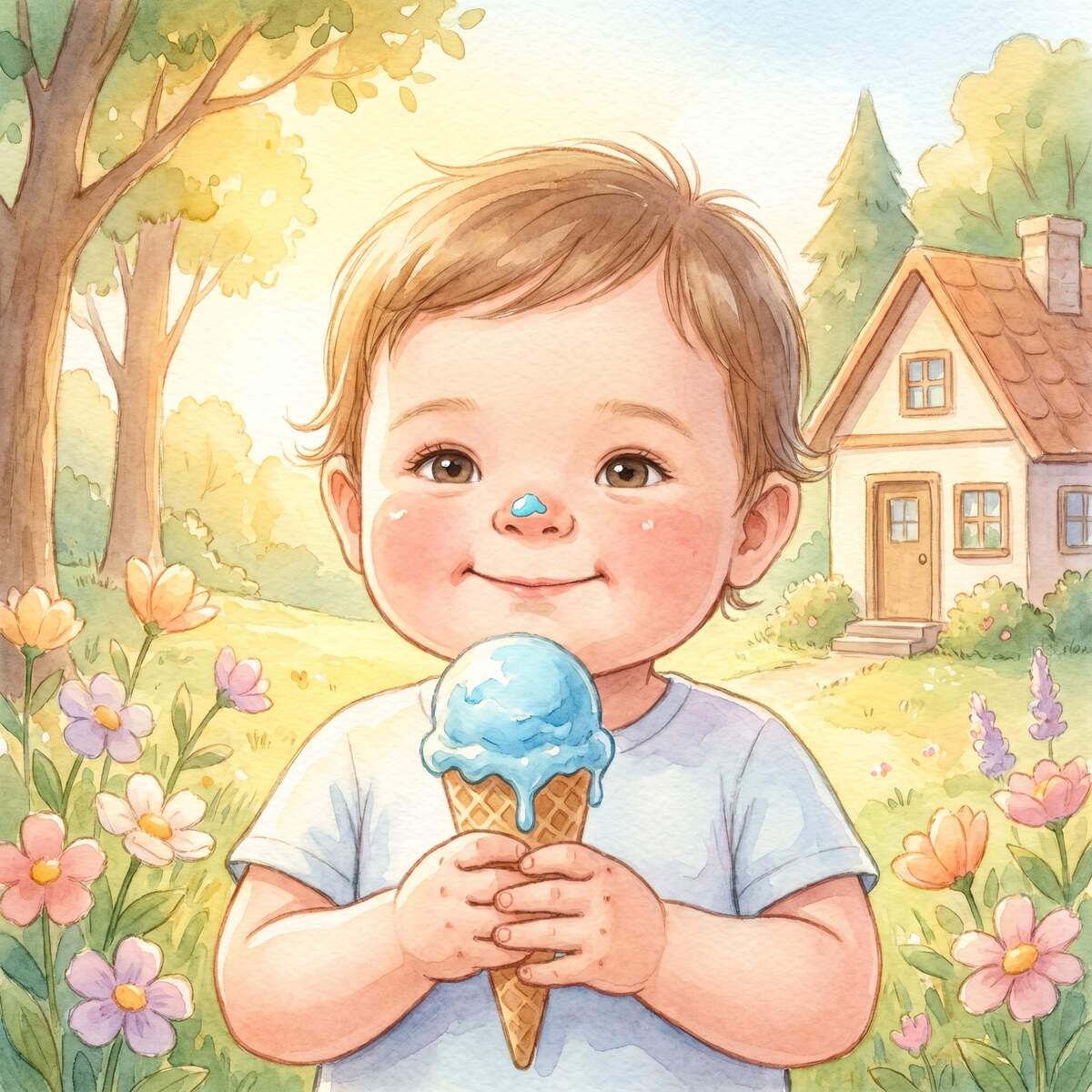 Bo und das schmelzende Eis 1 Kleinkind hält ein blaues Eis in der Sonne, ein Tropfen auf der Nasenspitze