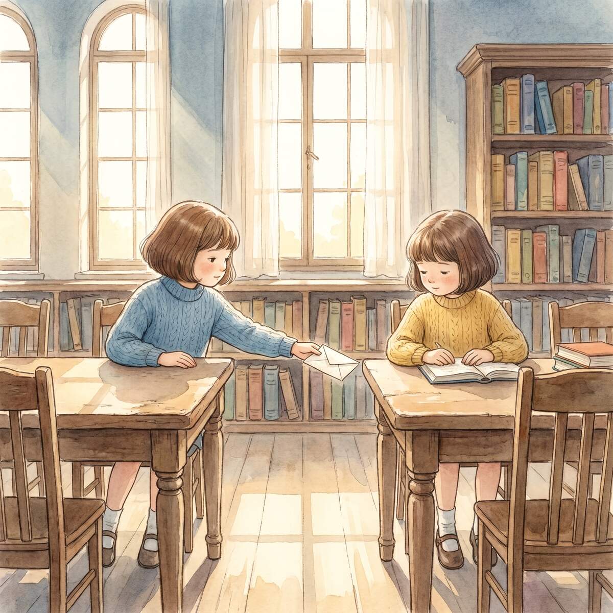 Der allergrößte Streit 1 Pia und Joni sitzen nach einem Streit an verschiedenen Bibliothekstischen und reichen einander einen Zettel