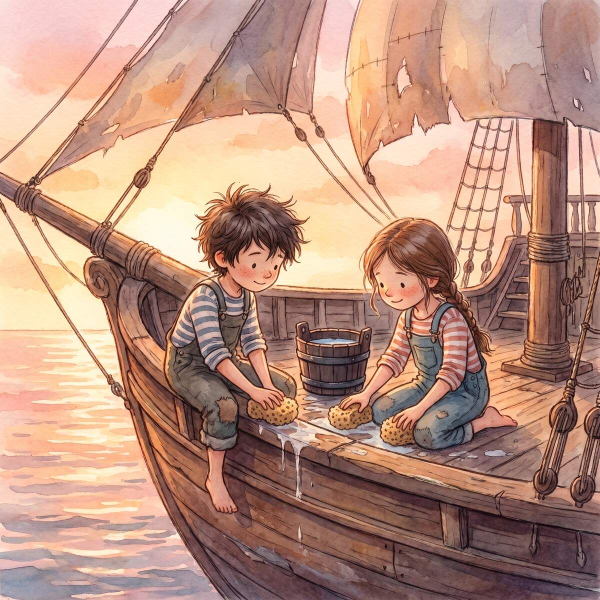 Der blinde Passagier vom Morgenstern 1 Zwei Kinder schrubben das Deck eines alten Piratenschiffs im Sonnenuntergang