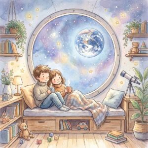 Zwei Kinder sitzen auf einer Bank in einer Raumstation und schauen durch ein rundes Fenster auf die Erde und die Sterne