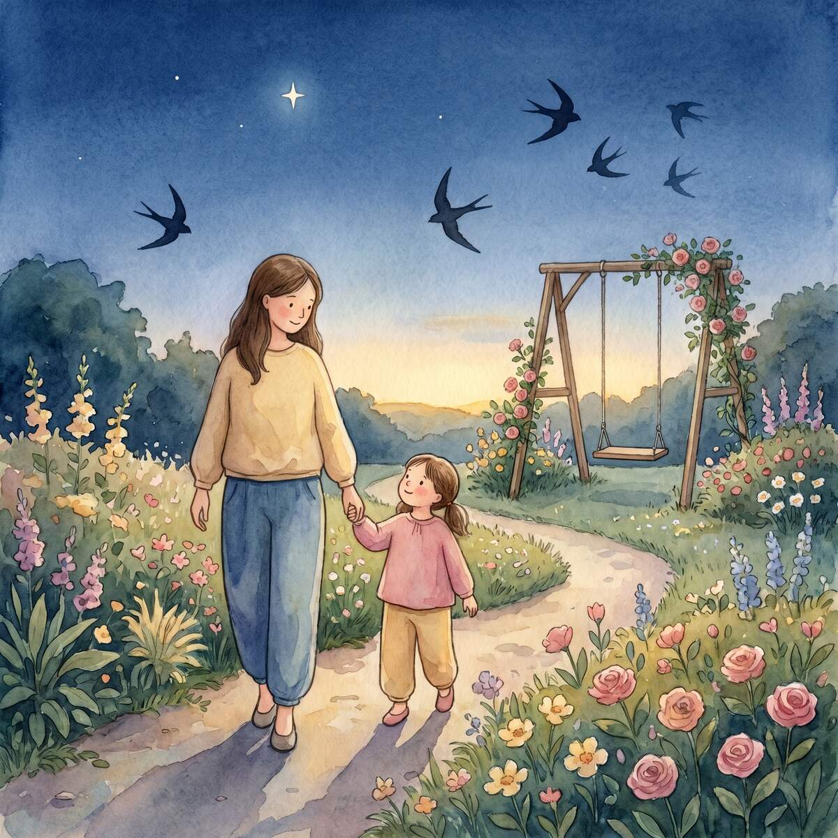 Edda will nicht ins Bett 1 Mädchen und Mama gehen Hand in Hand durch den Sommergarten in der Abenddämmerung, der erste Stern blinkt am dunkelblauen Himmel