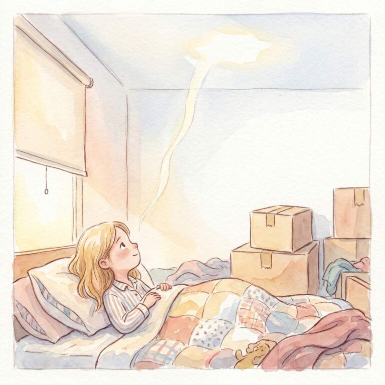 Frida liegt im Bett und schaut auf einen sanften Lichtstreifen an der Decke ihres neuen Zimmers, Umzugskartons daneben