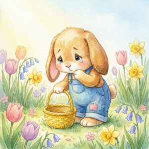 Hasenkind Hoppel schaut enttäuscht in sein leeres Osterkörbchen