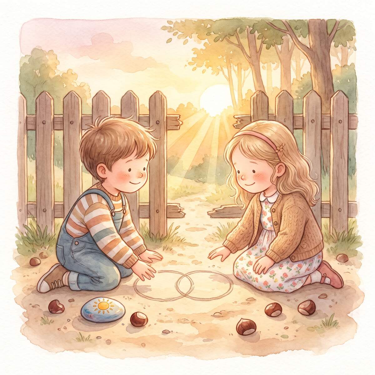 Ilvy und Timo sitzen an der Zaunlücke und malen ihr gemeinsames Abschiedszeichen in den Sand