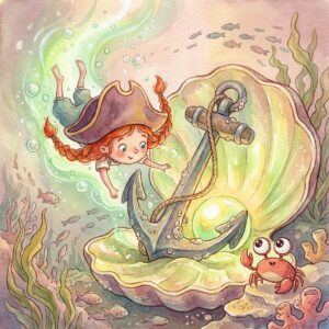 Käptin Lotta taucht unter Wasser zur riesigen Muschel, in der ihr Anker klemmt