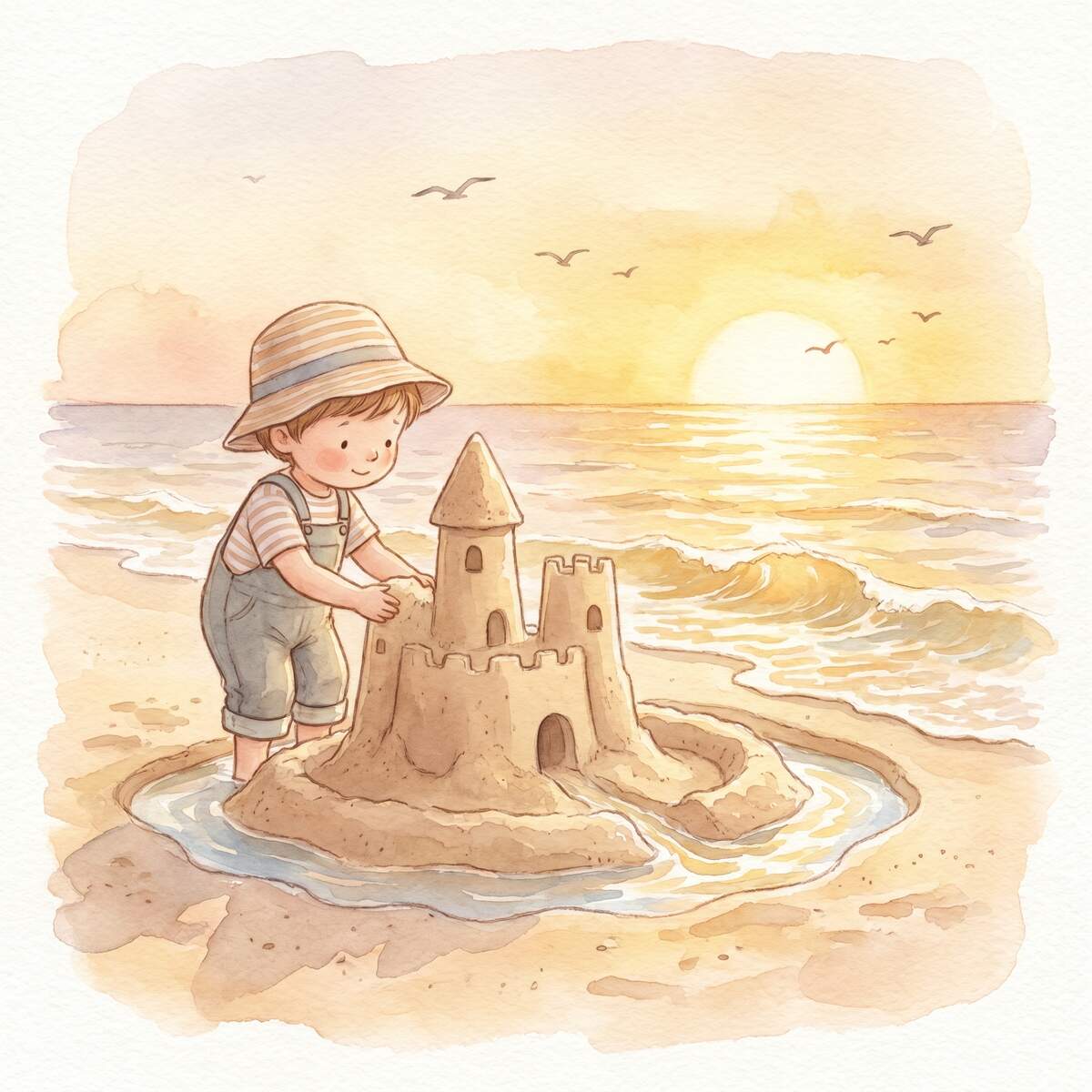Lemmi baut für die Wellen 1 Junge baut am Strand eine Sandburg mit Wassergraben, sanfte Wellen rollen heran