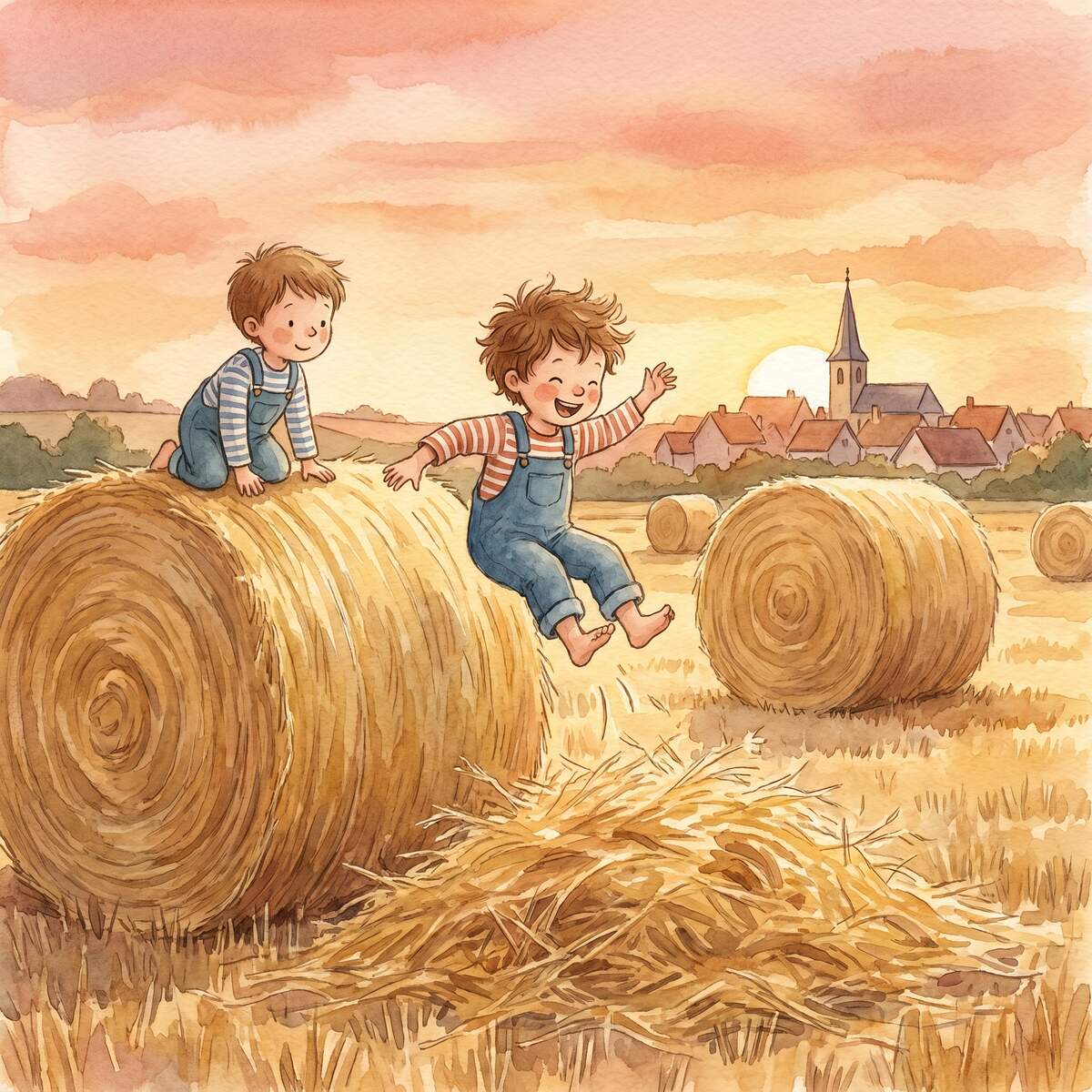 Mattis und die Strohballen 1 Zwei Jungen spielen auf riesigen Strohballen im goldenen Erntefeld, einer springt in einen weichen Strohhaufen