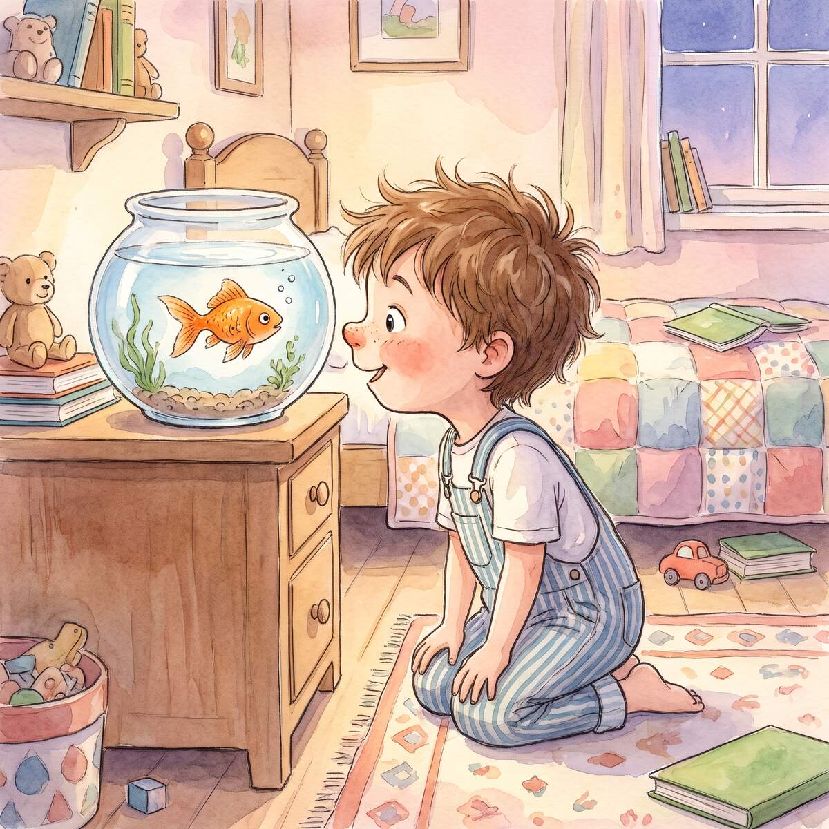 Milow und der Goldfisch Flossi 1 Milow beobachtet gespannt seinen orangefarbenen Goldfisch im Glas auf der Kommode