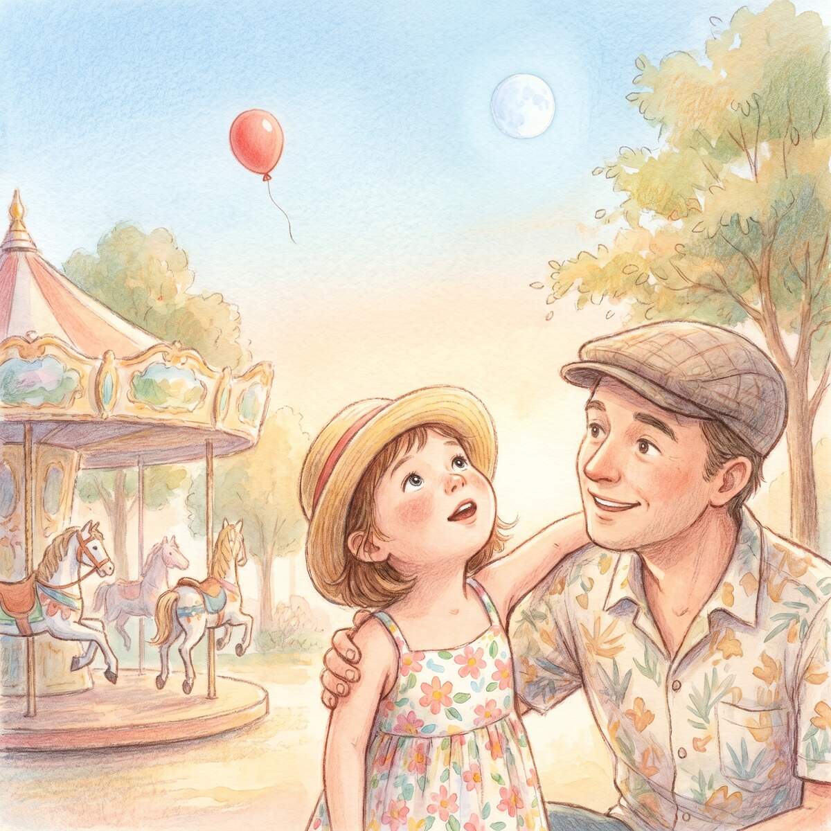 Miras Luftballon 1 Mädchen auf dem Sommerfest schaut ihrem roten Luftballon nach, der zum blassen Tagmond aufsteigt, Papa daneben