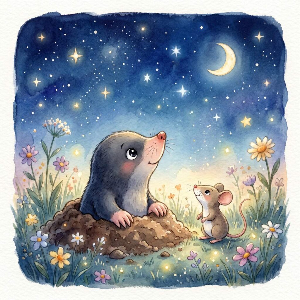 Maulwurf Molle und Maus Pip schauen nachts auf der Wiese zum Mond hinauf